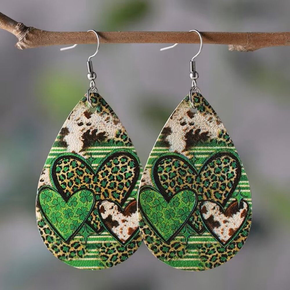 St. Patrick's Day Leopard and Cow Print Heart Shamrock Drop Earrings Z127